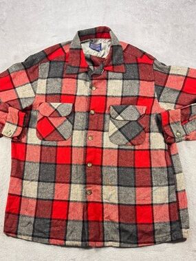Vintage 60’s70’s Loop Collar Pendleton Board Shirt Size Large USA Wool Red Gray